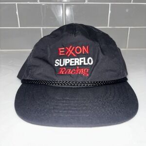 Vintage Exxon Superflo Racing Spell Out Hat Black Snapback Rope Cap Adjustable